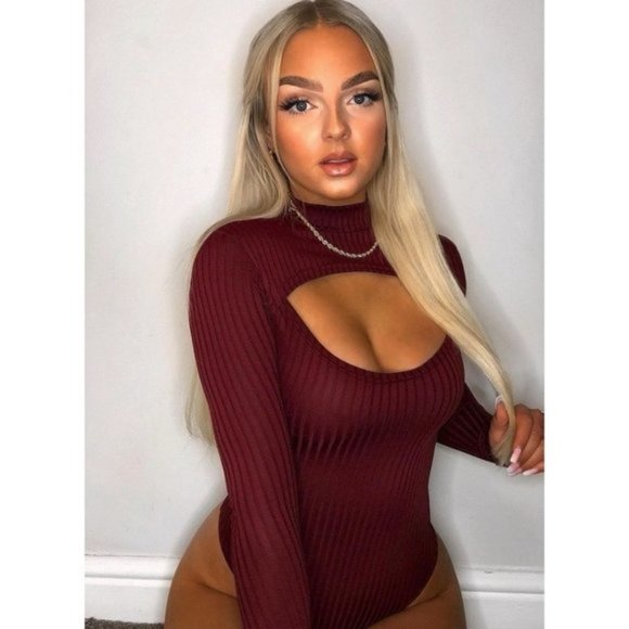 Burgundy Rib Knit Long Sleeve High Neck Cutout Bodycon Bodysuit Leotard Top - Picture 6 of 8